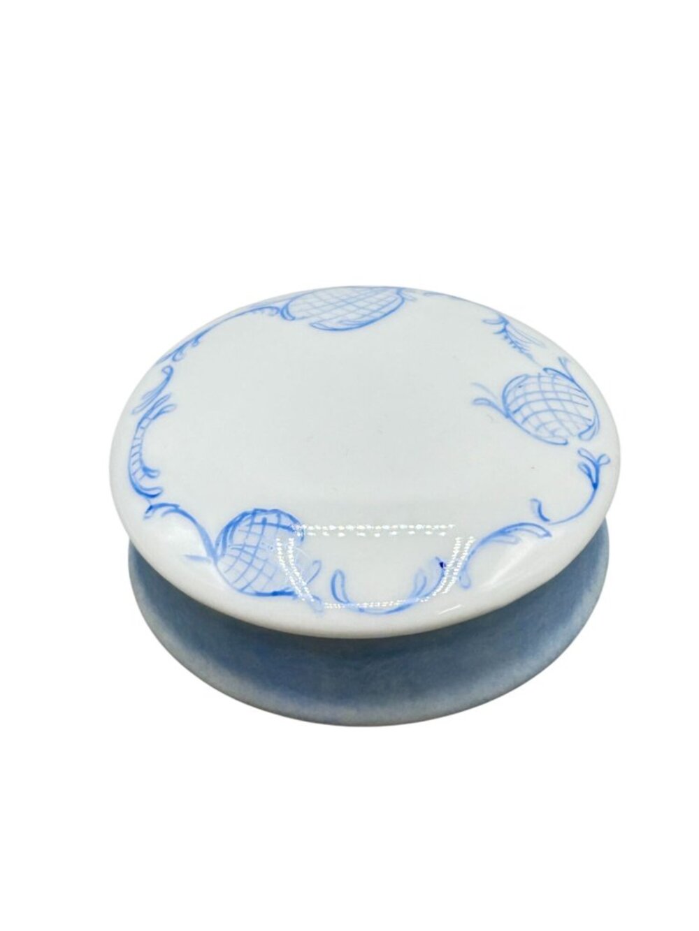 Vintage Porcelain Trinket Box Blue Lace Hand Painted Design Small Round